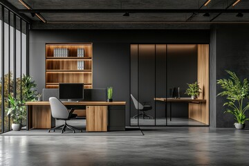 Poster - Modern office interior featuring a desk, shelves, and glass-walled meeting room.