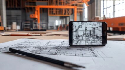Poster - A smartphone displays architectural plans on a construction site with blueprints and tools.