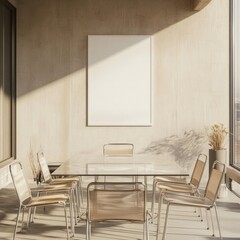 Aufkleber - A modern meeting space featuring a glass table, minimalist decor, and natural light.