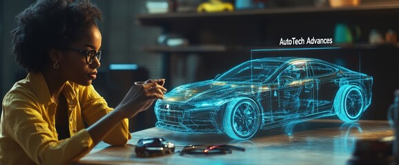 Poster - A person interacts with a holographic car model, showcasing technology and design innovation.