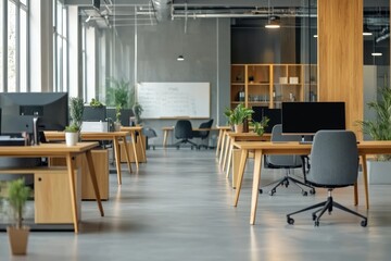 Aufkleber - Modern office space with desks, chairs, plants, and a whiteboard for collaboration.