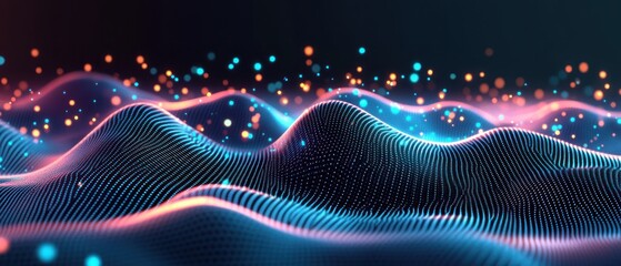 Fototapete - Abstract digital waves with glowing particles, representing technology and data visualization.