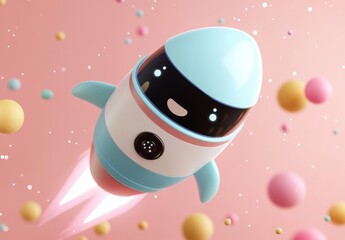 Poster - A cute rocket character flying through a colorful space filled with playful spheres.