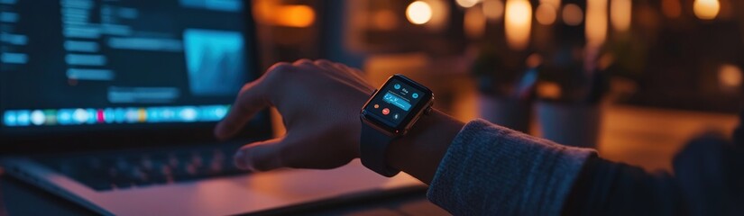 Aufkleber - A hand wearing a smartwatch interacts with a laptop in a cozy, illuminated workspace.