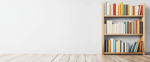 Aufkleber - A wooden bookshelf filled with colorful books against a plain wall and wooden floor.