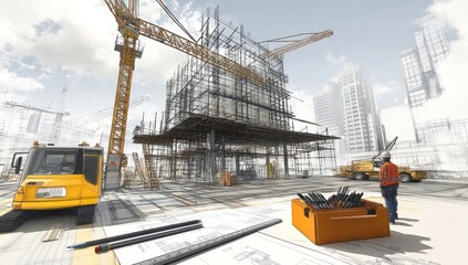 Aufkleber - Construction site with cranes, scaffolding, and blueprints, showcasing architectural work.