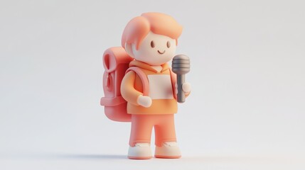 Poster - A cheerful cartoon character holding a microphone, wearing a backpack and casual clothing.