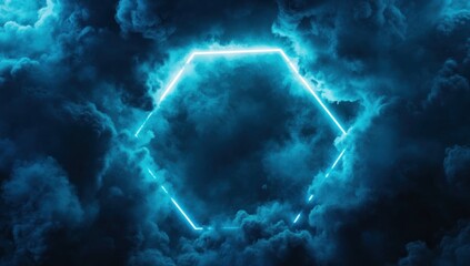 Poster - A glowing hexagon framed by swirling blue clouds, creating a futuristic atmosphere.