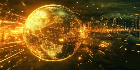 Aufkleber - A glowing, digital representation of Earth with dynamic light effects and futuristic cityscape.