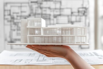 Poster - A hand holds a modern architectural model with blueprints in the background.