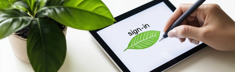Aufkleber - A hand using a stylus on a tablet to sign in, with a plant nearby.