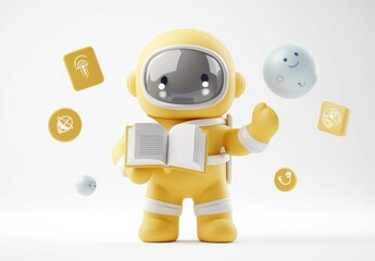 Poster - A cheerful yellow astronaut holding a book, surrounded by floating icons and symbols.