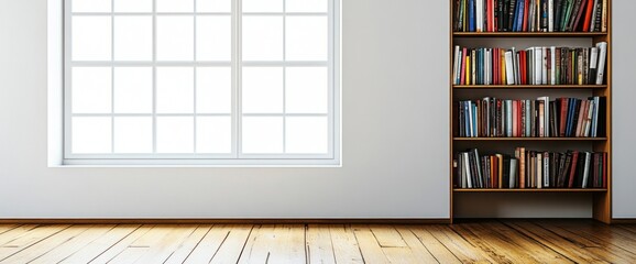 Aufkleber - A minimalist interior with a bookshelf and large window.