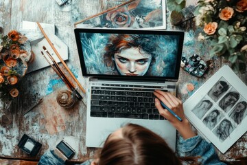 Aufkleber - A creative workspace with a laptop displaying an artistic portrait, surrounded by art supplies.