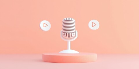 Fototapete - A stylized microphone with play buttons on a pastel background, suggesting audio content creation.