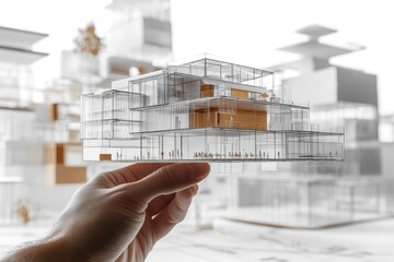 Poster - A hand holds a transparent architectural model amidst a blurred modern cityscape.