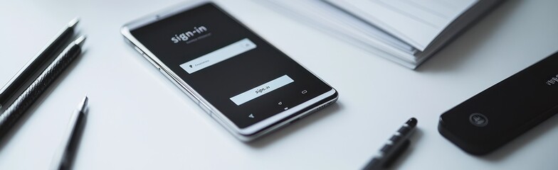 Poster - A smartphone displaying a login screen on a desk with pens and a notebook.