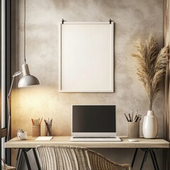 Aufkleber - Cozy workspace with a laptop, stationery, and decorative plants.