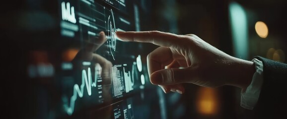 Leinwandbilder - A hand interacting with a digital display showcasing data visualizations.