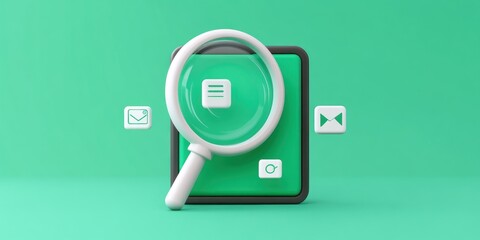 Poster - A magnifying glass over a green square with icons representing communication and information.