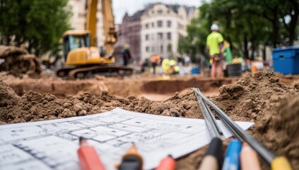 Aufkleber - Construction site with blueprints and machinery, indicating ongoing building work.