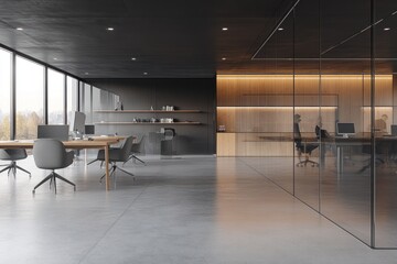 Poster - Modern office interior with sleek furniture and large windows for a professional atmosphere.