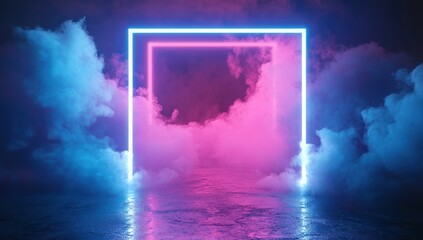 Fototapete - A vibrant neon-lit scene with smoke, creating a surreal, futuristic atmosphere.