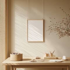 Poster - A serene workspace with a blank frame, natural light, and minimalistic decor.