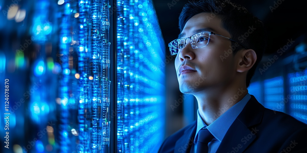Asian AI development. IT engineer in front of rapidly calculating ...