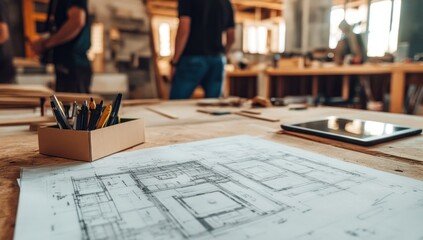 Poster - A construction site with blueprints, tools, and workers in the background.
