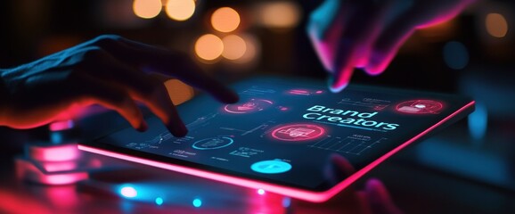 Aufkleber - Two hands interacting with a glowing tablet displaying digital data and brand information.