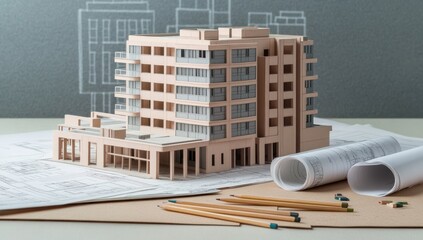 Poster - Architectural model with blueprints on a table, showcasing design and planning.