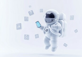Poster - A white astronaut holding a smartphone amidst floating icons representing technology.