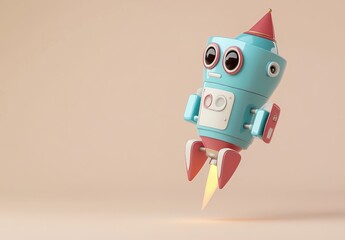 Poster - A cute, cartoonish rocket robot with a party hat, launching with flames.
