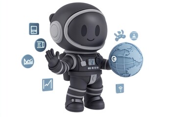 Poster - A cheerful astronaut character holding a globe with technology icons around it.