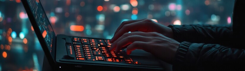 Aufkleber - A person typing on a laptop against a vibrant city backdrop at night.