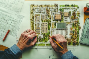 Aufkleber - Aerial view of a landscaping plan with hands sketching details.