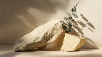 Poster - A minimalist composition featuring two stones and a eucalyptus branch casting soft shadows.