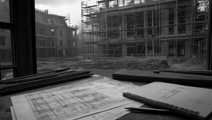 Aufkleber - A construction site viewed through a window, with blueprints and tools in the foreground.