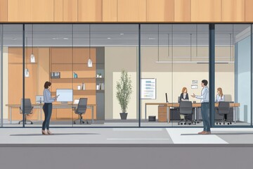 Poster - Modern office scene with people interacting and working in a glass-fronted workspace.