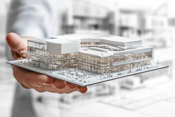 Poster - A hand holds a detailed architectural model of a modern building with people around.