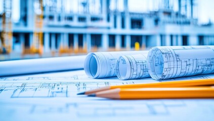 Aufkleber - Architectural blueprints and pencils on a construction site.