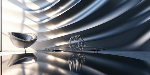 Poster - A modern interior featuring sleek curves, minimalist furniture, and reflective surfaces.