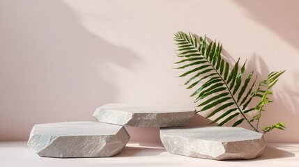 Poster - A minimalist display featuring three geometric stone platforms and a lush green fern.