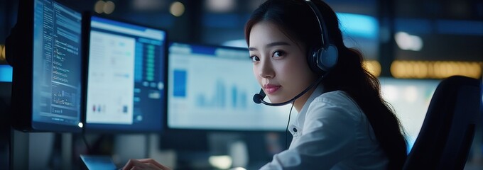 Poster - A woman wearing a headset works at a computer station with multiple screens displaying data.
