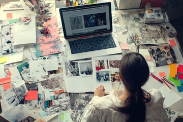 Aufkleber - A person working on creative projects with a laptop and various materials on a desk.