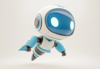 Poster - A cute, cartoonish robot with blue accents flying through the air.