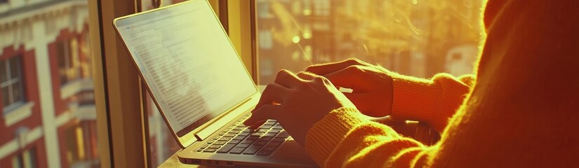Aufkleber - A person typing on a laptop near a window with warm sunlight streaming in.