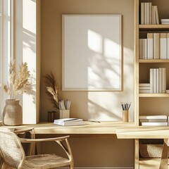Poster - A serene workspace with natural light, plants, and organized shelves for productivity.