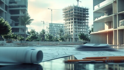 Poster - A construction site with blueprints and tools, showcasing urban development.